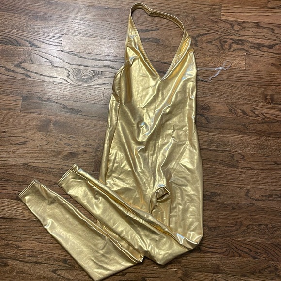 American Apparel Gold Lamé Metallic Halter Catsuit - Picture 2 of 6